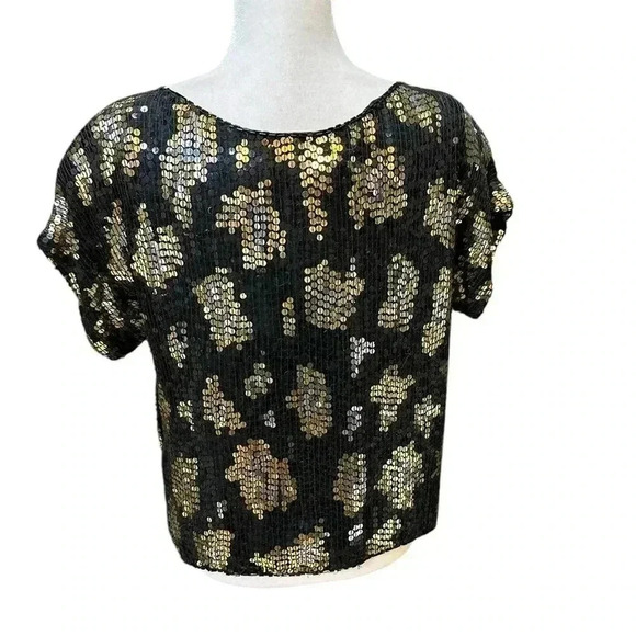 Vtg J. L. B. Beaded Black Leopard Big Cat Spots Sequins Trophy Silk Blouse Large - Picture 4 of 6